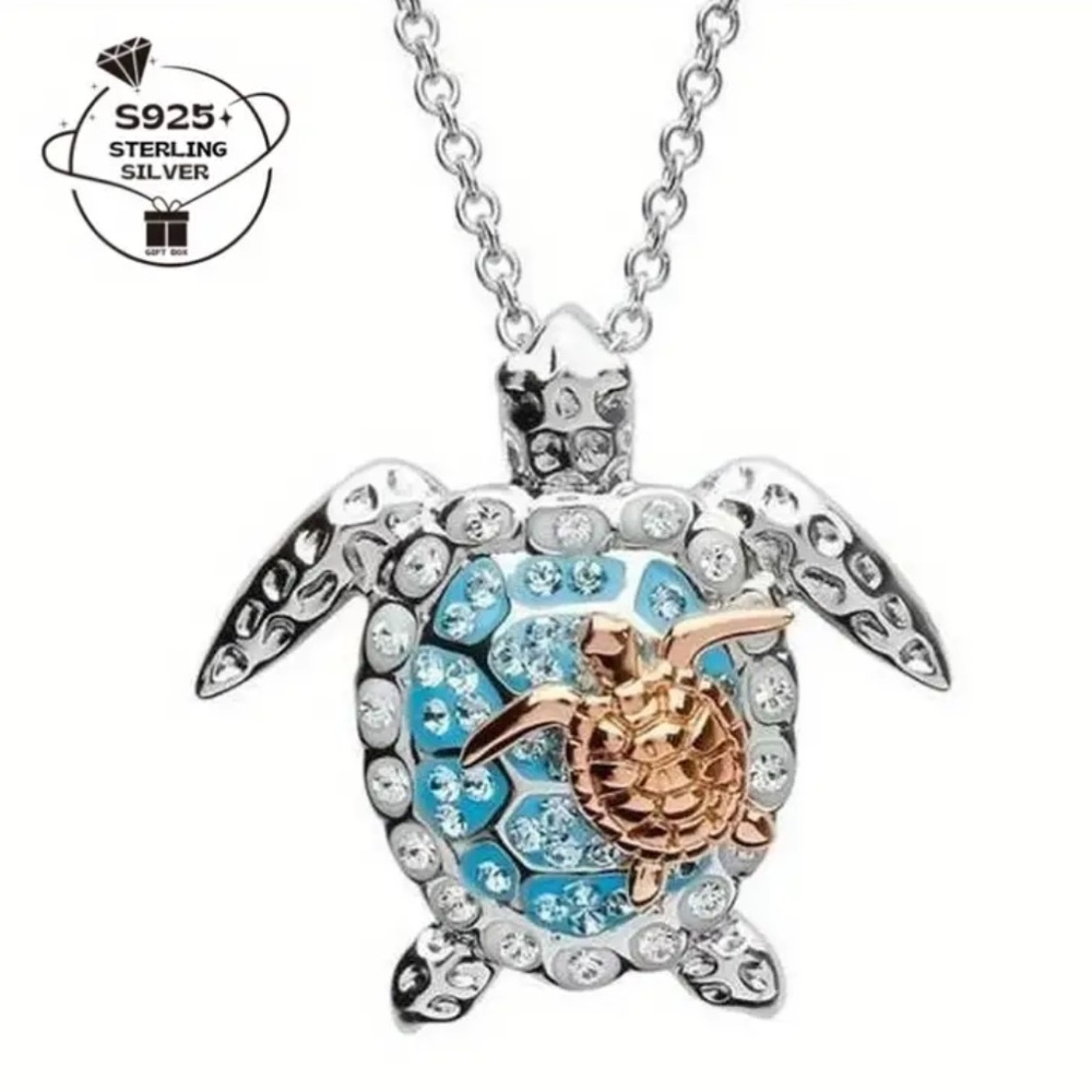 🆕 9.25 Sterling Silver - Sea Turtle Pendant Necklace - Blue & Gold - Crystals